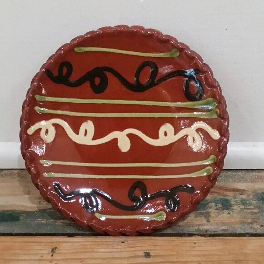 Redware Slab Plate with White and Black Swirl Lines