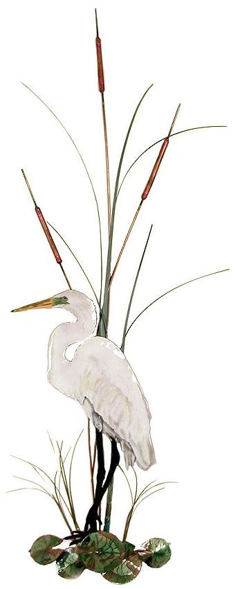 Large White Egret with Cattails Wall Art by Bovano Cheshire