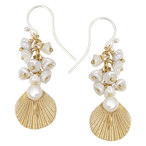 Sea Scallop Dangle Pearl Earrings by Michael Michaud