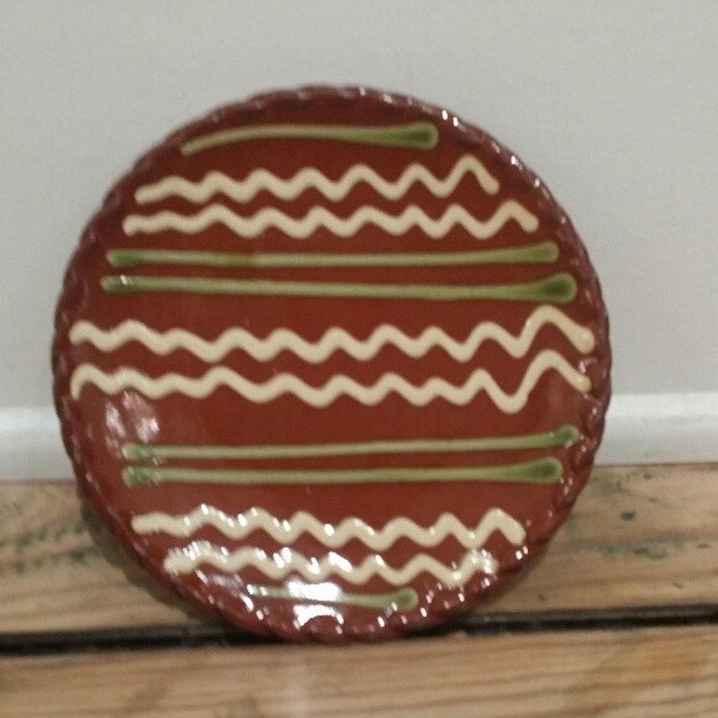 Redware Slab Plate with White Swirl Lines and Green Lines