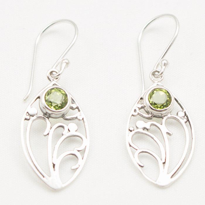 Sterling Silver Floral Nouveau Dangle with Round Facted Peridot Earrings
