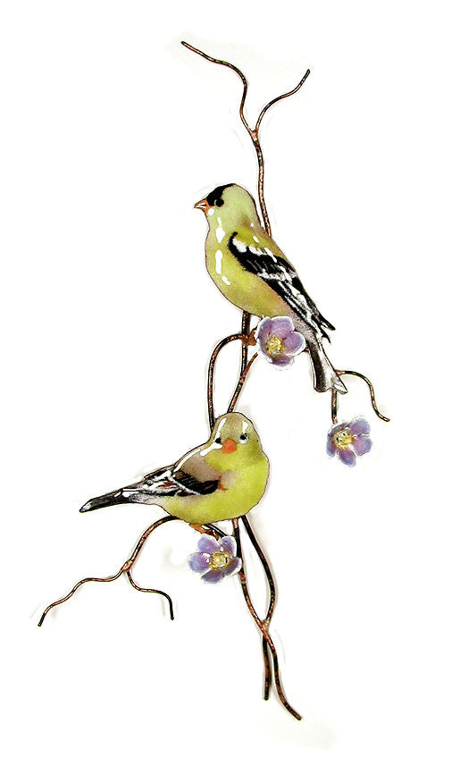 Two Goldfinches on Branch with Purple Flowers Wall Art by Bovano Cheshire