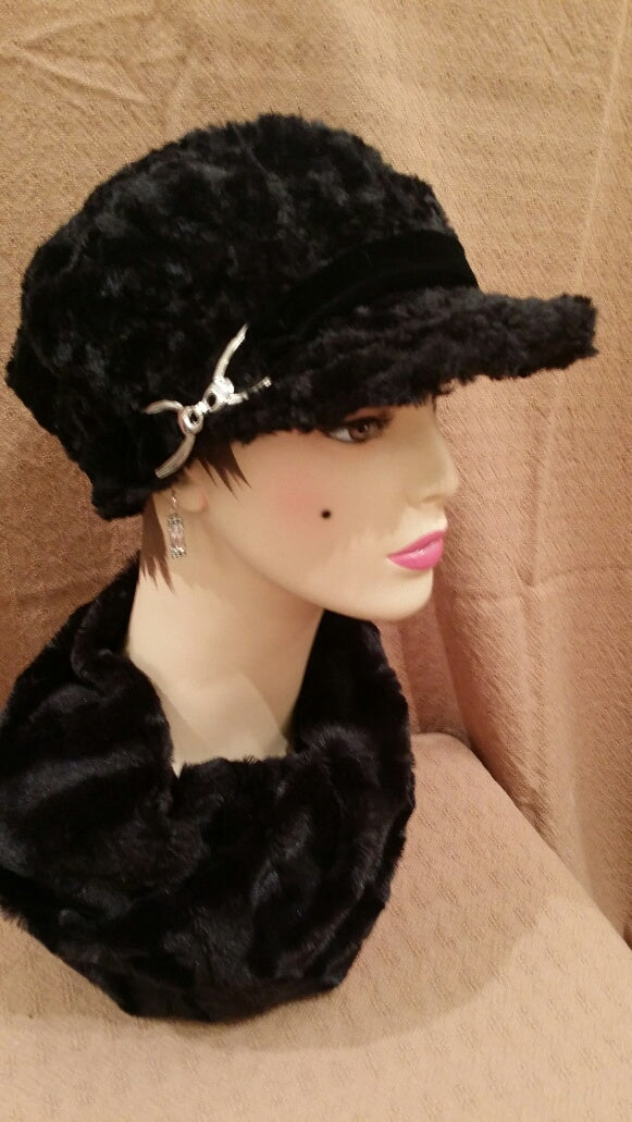 Cuddly Fur in Black Luxury Faux Fur Valerie Hat with Buckle: Size Large