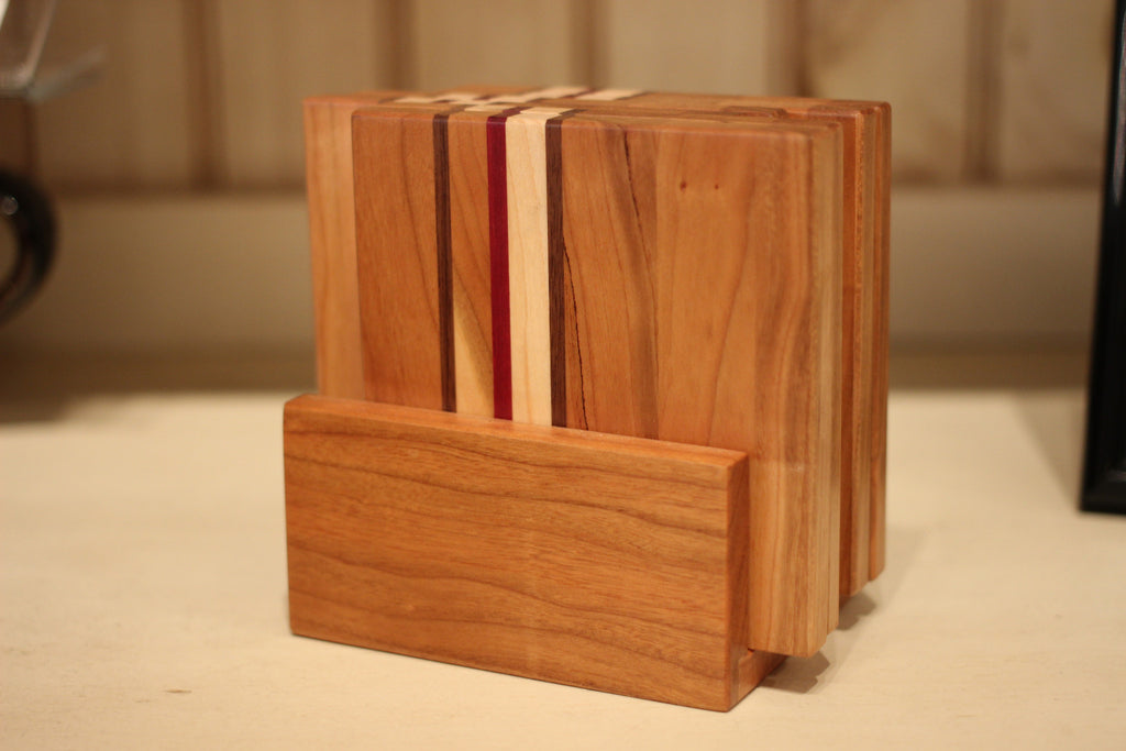 Set of 6 Striped Coasters in Cherry with Holder