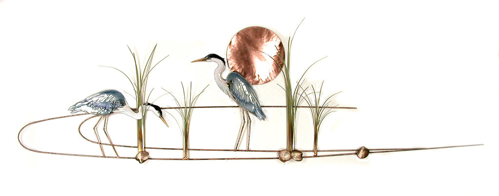Large Heron Pair with Copper Sun and grasses Wall Art by Bovano