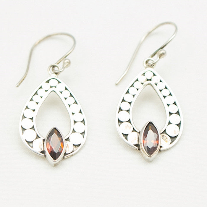 Sterling Silver Teardrop Dangle with Silver Circles & Garnet Earrings