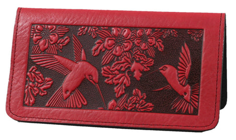 Leather Checkbook Cover - Hummingbird in Red