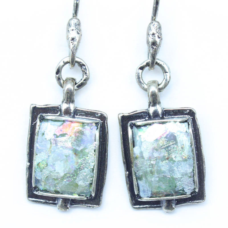 Framed Rectangle with Open Circle Patina Roman Glass Earrings