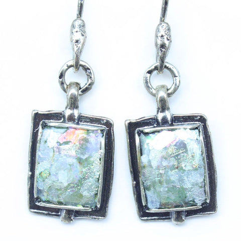 Framed Rectangle with Open Circle Patina Roman Glass Earrings