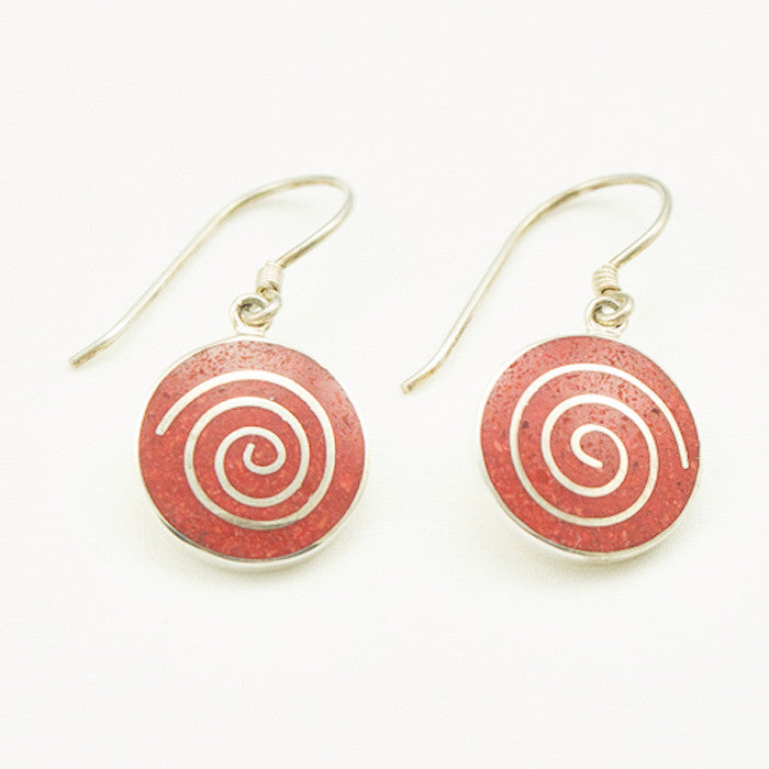 Sterling Silver Round Coral with Spiral Earrings