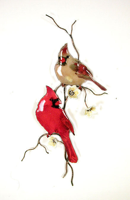 Cardinals (2) on Branch with Yellow Flowers Wall Art by Bovano Cheshire
