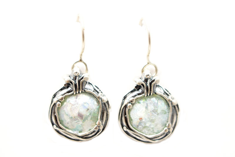 Floral Ringed Round Patina Roman Glass Earrings