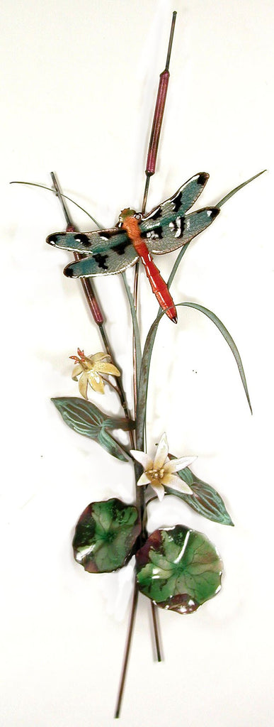Orange Tailed Dragonfly with Yellow Lilies and Patina Leaves Wall Art by Bovano Cheshire