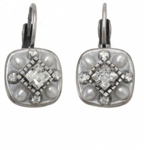 Silver Pearl Crystal Small Square Earrings