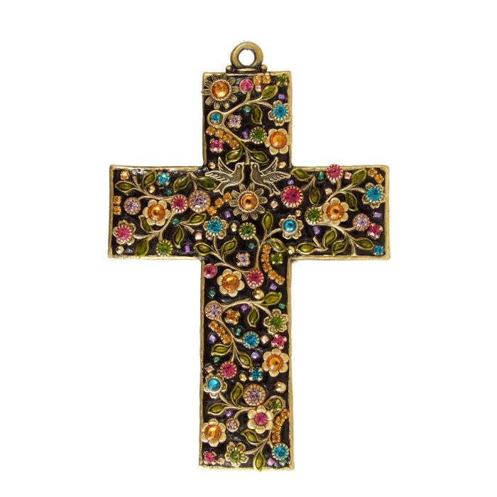 Flowers and Crystal Black Large Cross by Michal Golan