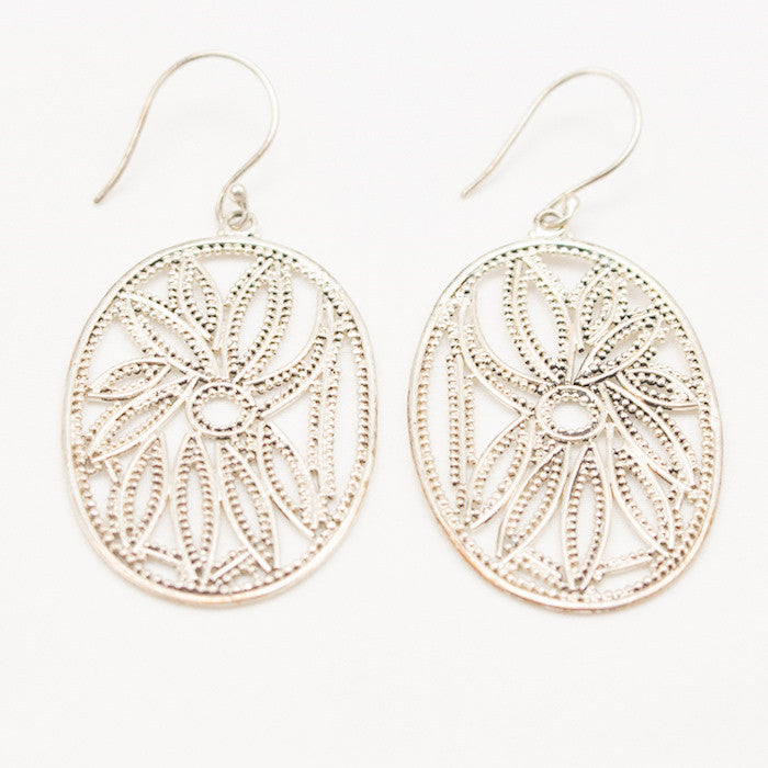 Sterling Silver Long Oval with Silver Floral Cutout Earrings