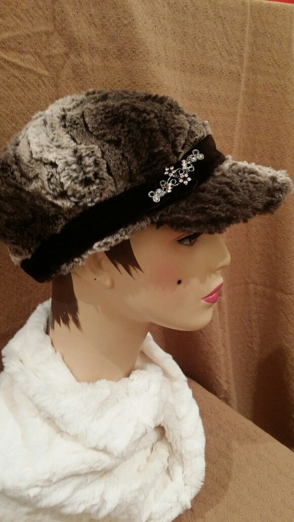 Brown Chinchilla Luxury Faux Fur Valerie Hat with Brooch P: Size Medium