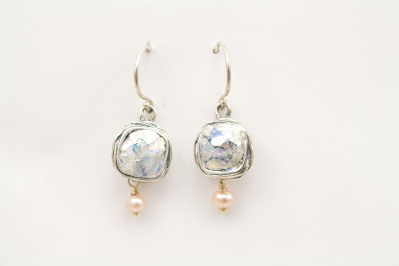 Round Patina Roman Glass with Pearl Earrings