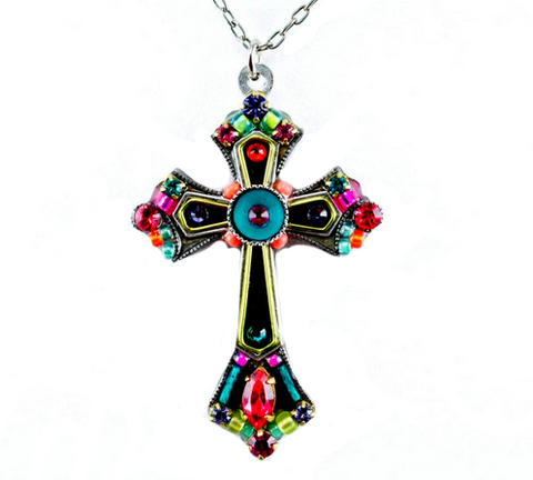 Multi Color Large Mosiac Cross Necklace by Firefly Jewelry