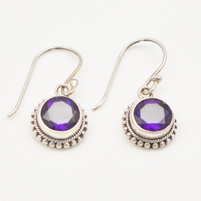 Sterling Silver Round Facet Amethyst with Granulation Border Dangle Earrings