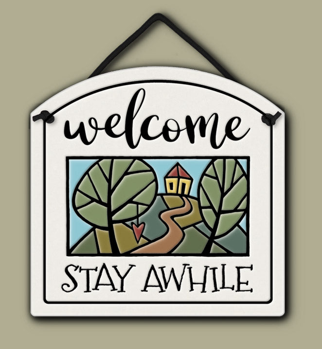Welcome Stay Awhile Small Arch Ceramic Tile