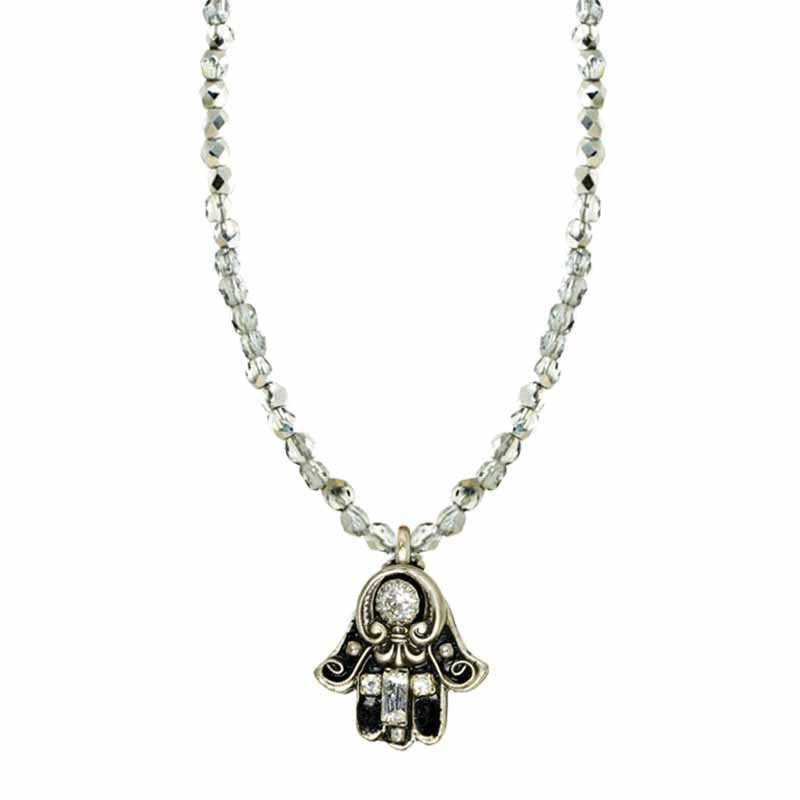 Small Black and Silver Hamsa on Beaded Necklace
