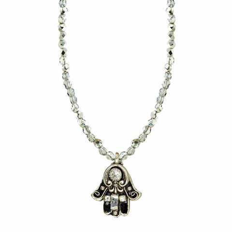 Small Black and Silver Hamsa on Beaded Necklace