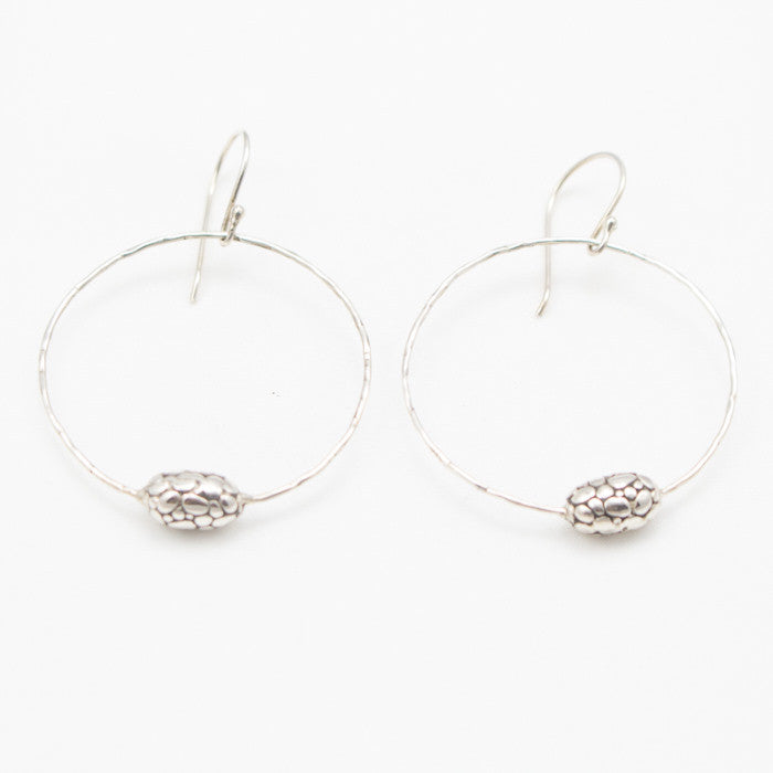 Sterling Silver Hammered Hoop Handle with River Stone Bead Earrings