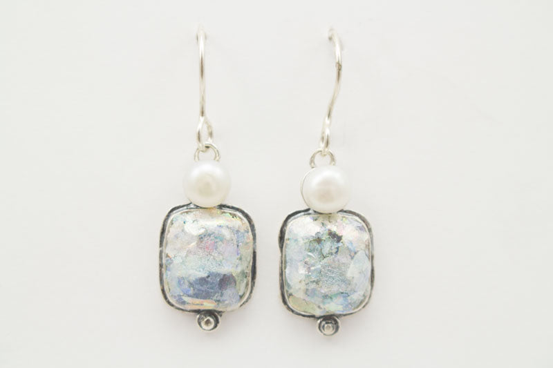 Top Pearl Square Drop Roman Glass Earrings