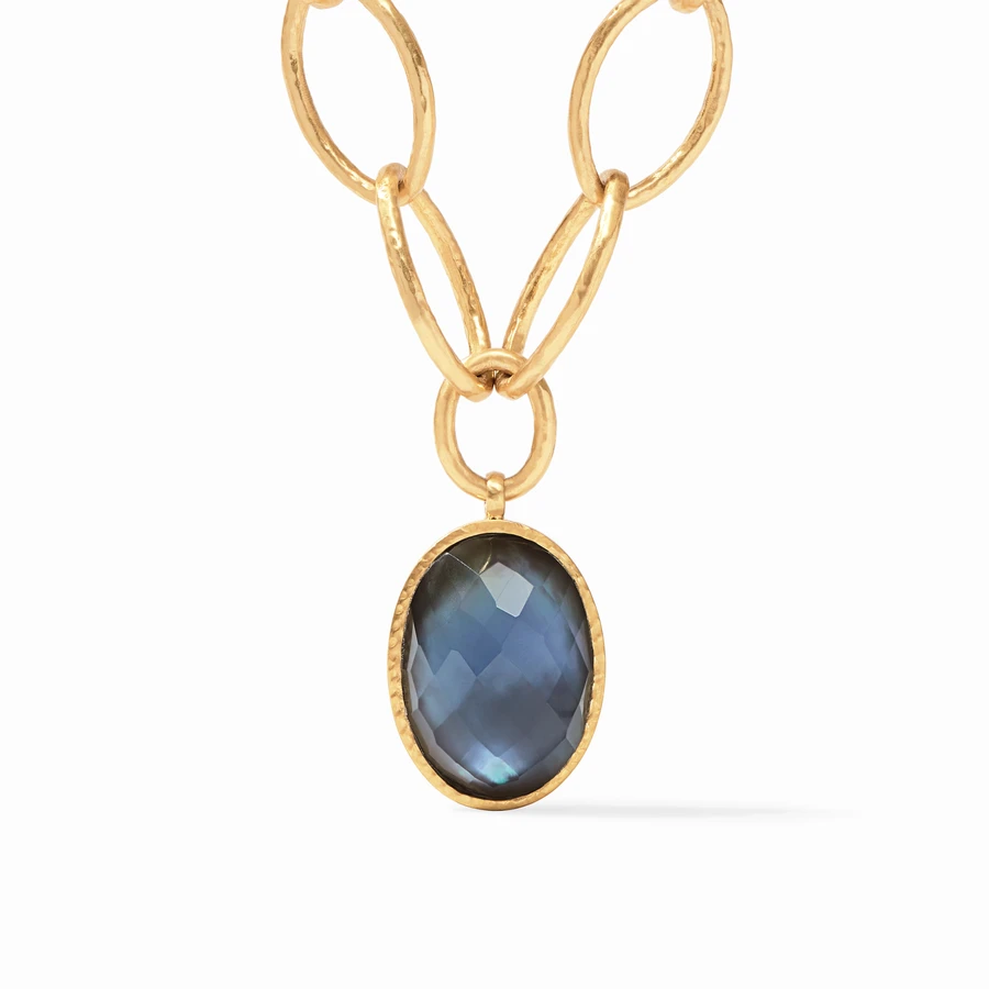 Fleur-de-Lis Statement Necklace Gold Iridescent Slate Blue Reversible by Julie Vos