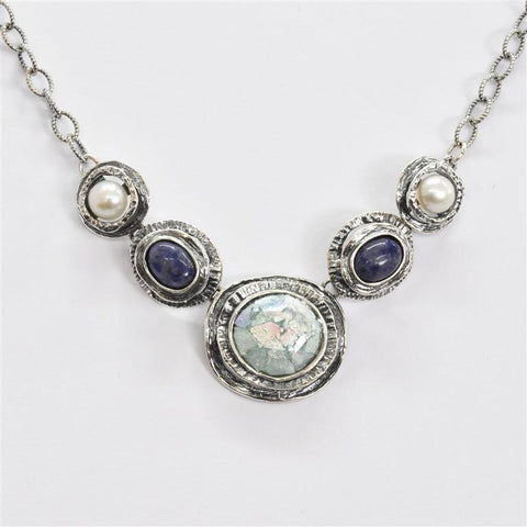 Lapis and Pearl Roman Glass Necklace