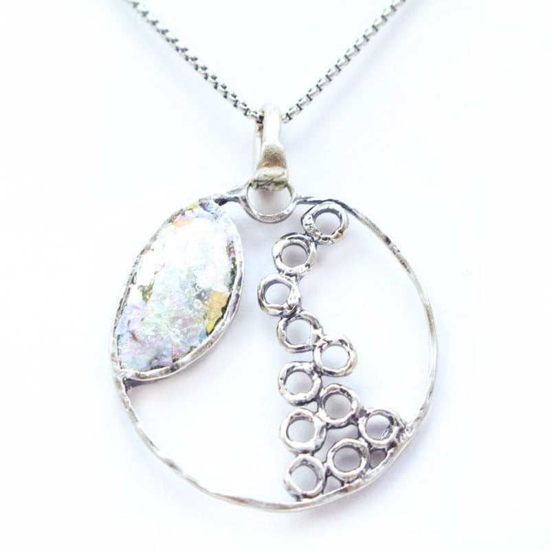 Open Circle Cascading Bubbles Design Patina Roman Glass Necklace