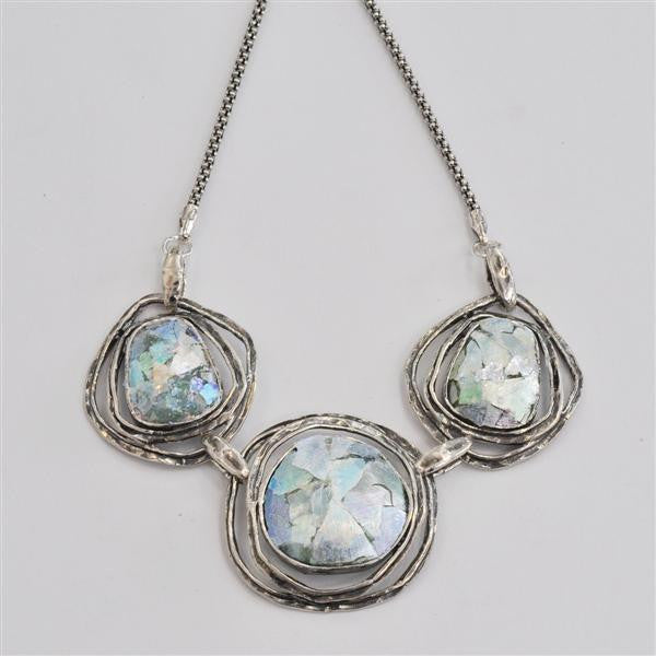 Petite Three Ringed Rounds Patina Roman Glass Necklace