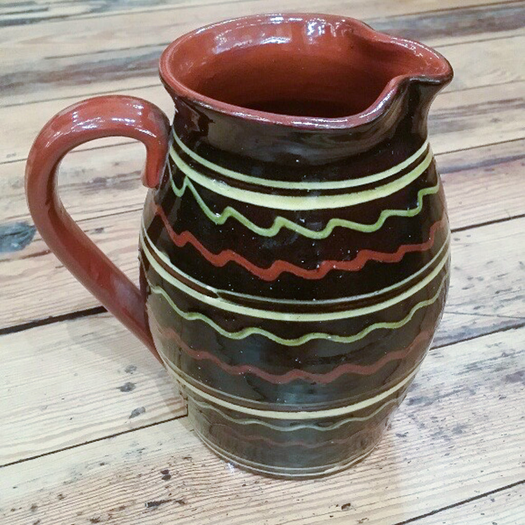 Redware Pitcher in Black with Green and Red Lines