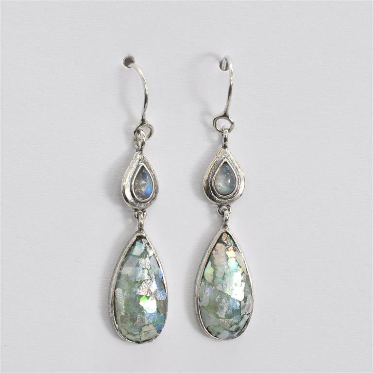 Shiny Silver Two Drop Dangle Roman Glass Earrings