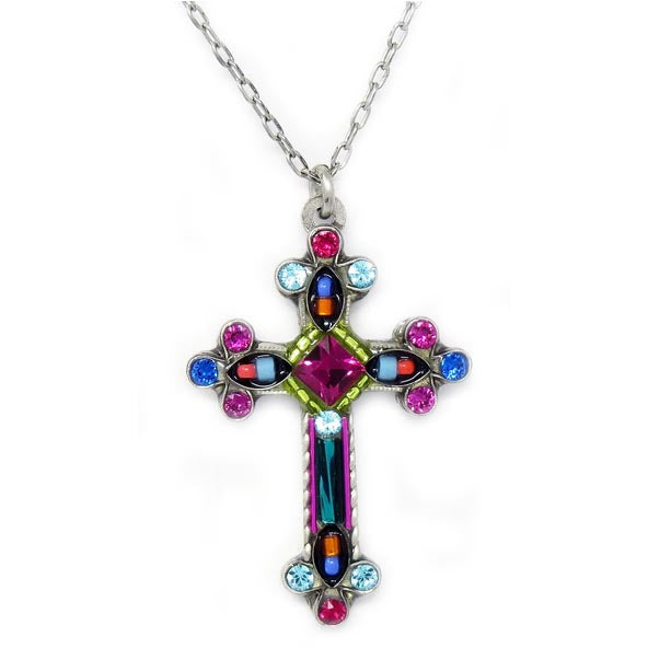 Multi Color Large Fancy Cross Pendant Necklace by Firefly Jewelry