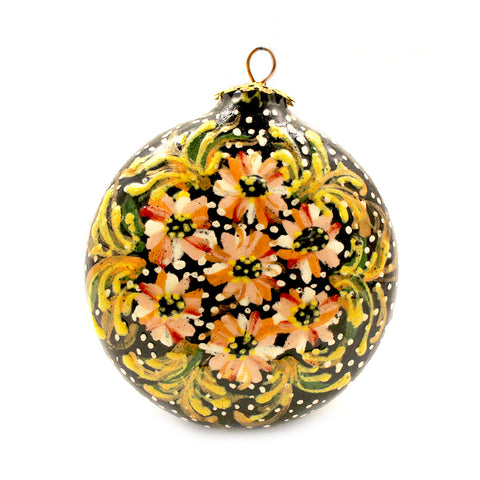 Gold Flowers On Round Small Ceramic Ornament