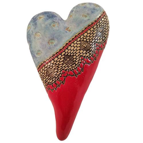 Blue with Red Point in Old Copper Heart Ceramic Wall Art by Laruie Pollpeter