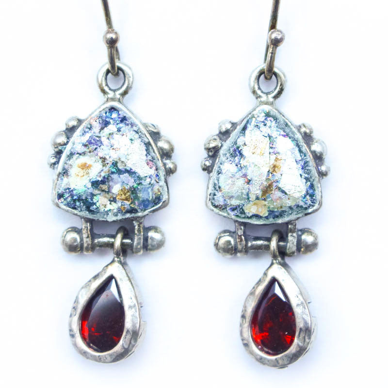 Garnet Pendant with Small Triangle Roman Glass Earrings