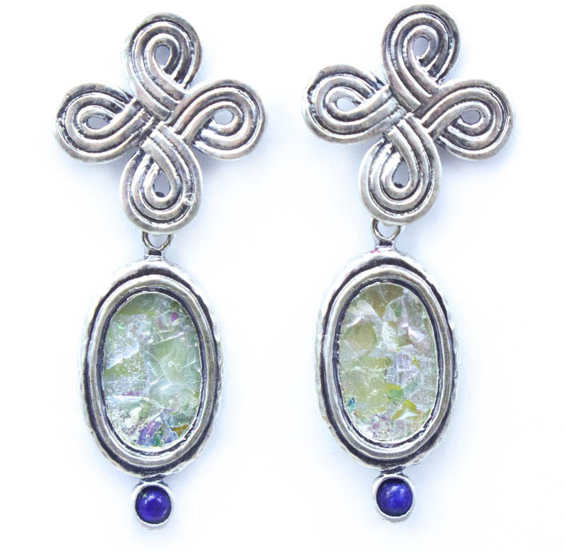 Celtic Knot with Lapis and Oval Patina Roman Glass Earrings