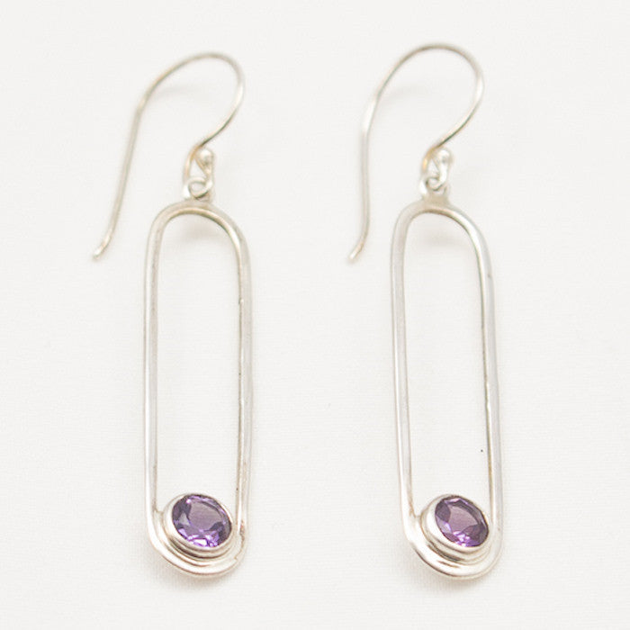 Sterling Silver Long Oval with Faceted Amethyst Dangle Earrings
