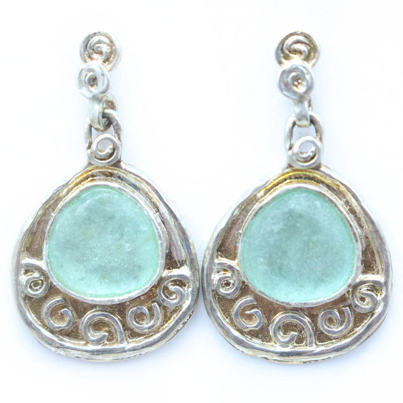 Wide Framed Teardrop Washed Roman Glass Earrings