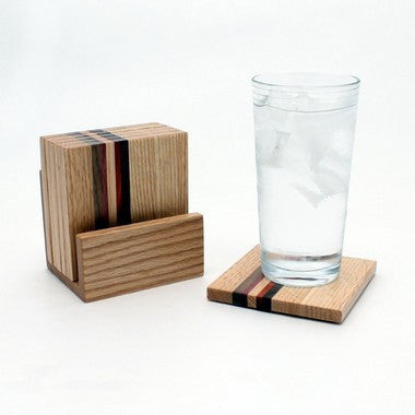 Set of 6 Striped Coasters in Oak with Holder