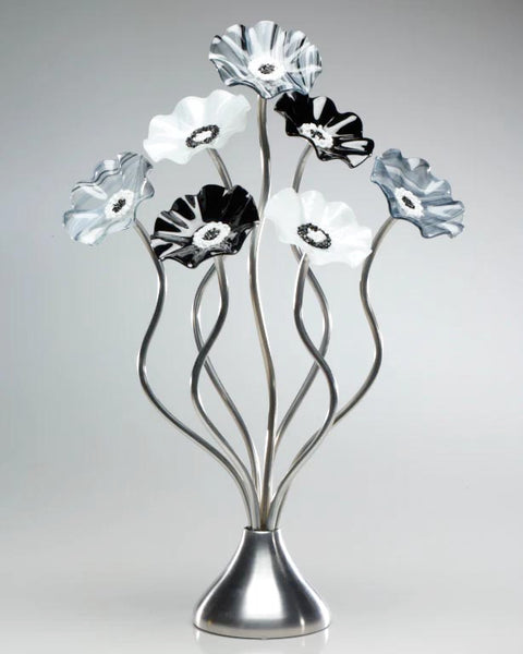 Monochromatic Silver Base 7 Medium Flower Handblown Glass Bouquet