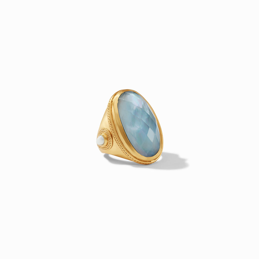 Cassis Statement Ring Gold Iridescent Chalcedony Blue with Pearl Accents Size 8 by Julie Vos
