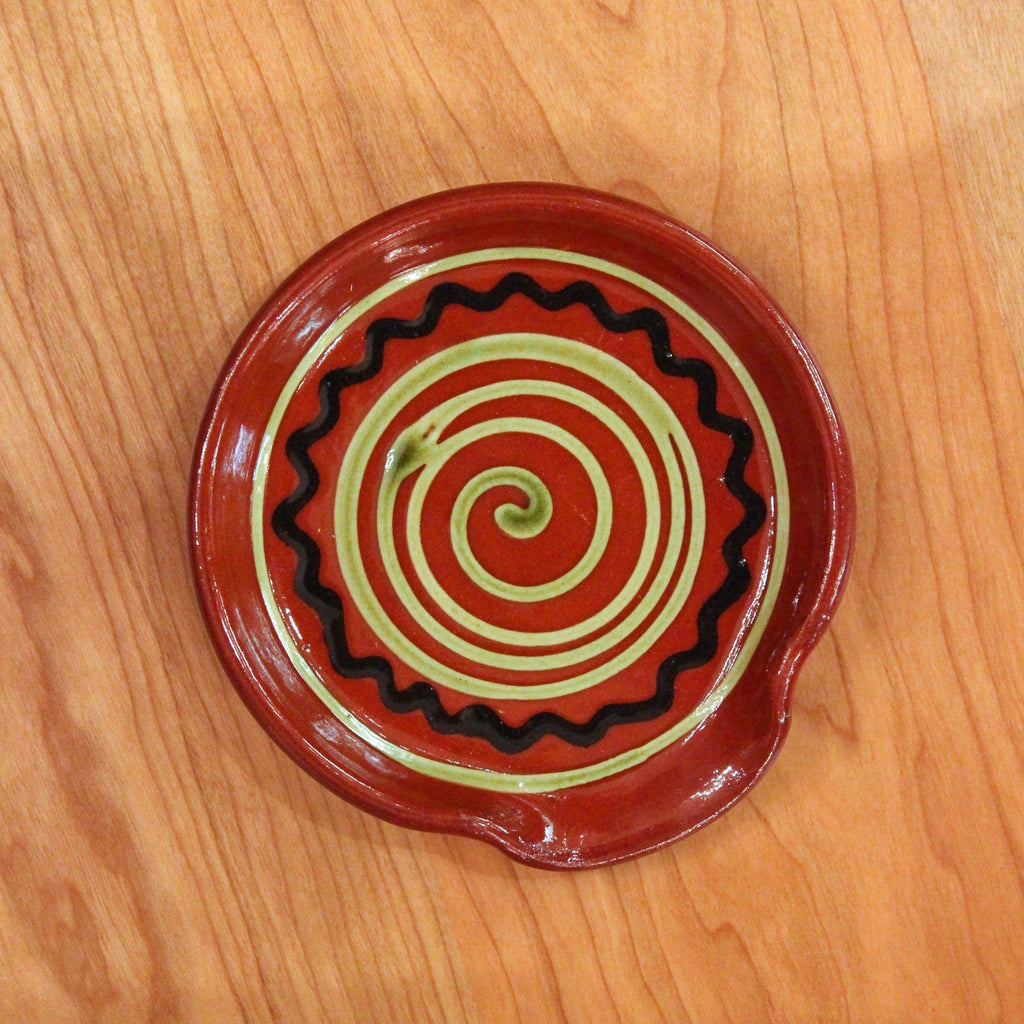 Redware Spoon Rest with Green Swirl and Black