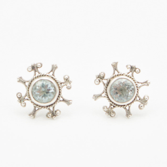 Sterling Silver Ornate Post with Round Faceted Blue Topaz Earrings