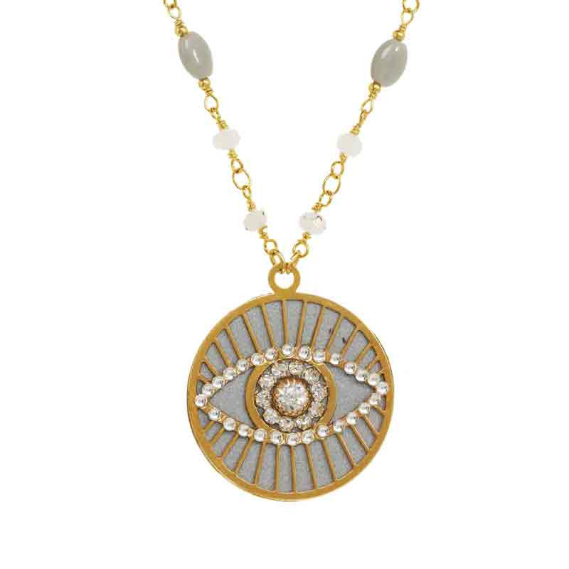 Gray Crystal Large Round Evil Eye Pendant Necklace by Michal Golan
