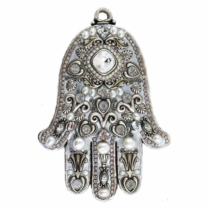 Silver, Pearl, and Crystal Large Hamsa by Michal Golan