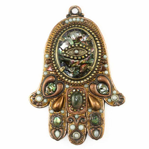 Copper and Abalone Oval Crystal Large Hamsa by Michal Golan
